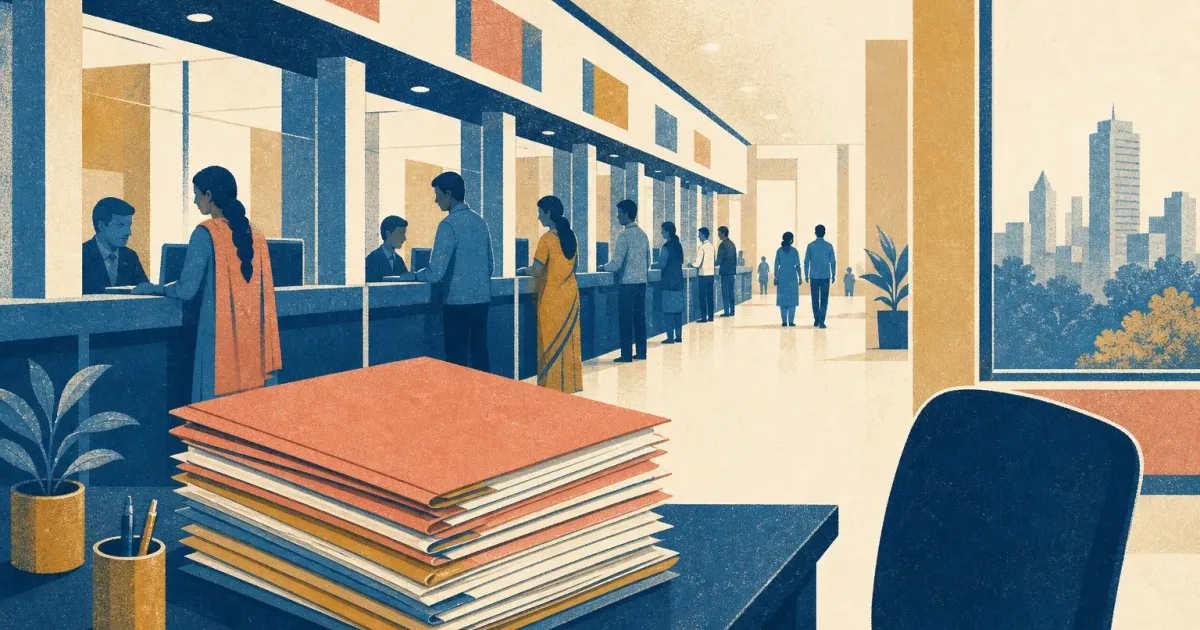 Risograph illustration of a dense city branch corridor beside stacked application folders and a mentoring desk for HDFC Bank internship prep