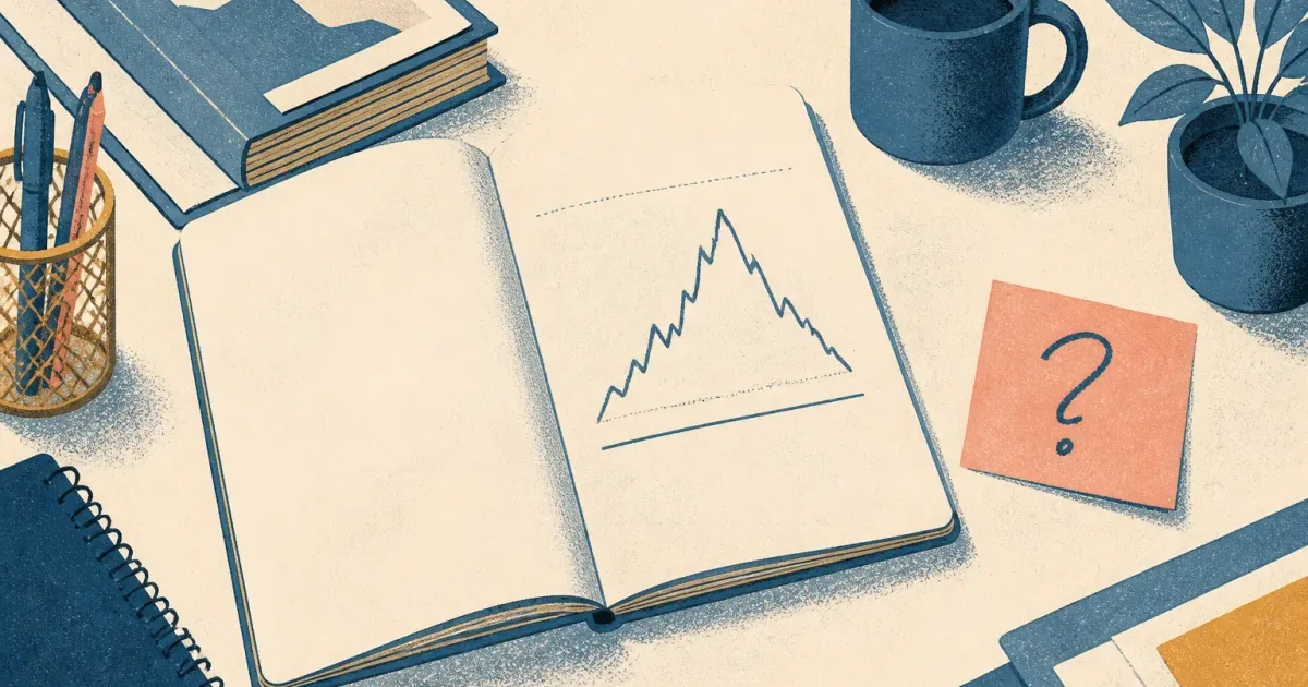 Risograph illustration of a blank research memo beside a rising and falling price curve and a challenged idea note for hedge fund interview prep