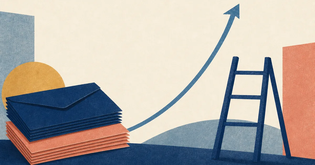 Risograph illustration of stacked pay envelopes beside an abstract P&L curve and blank fund ladder on cream paper