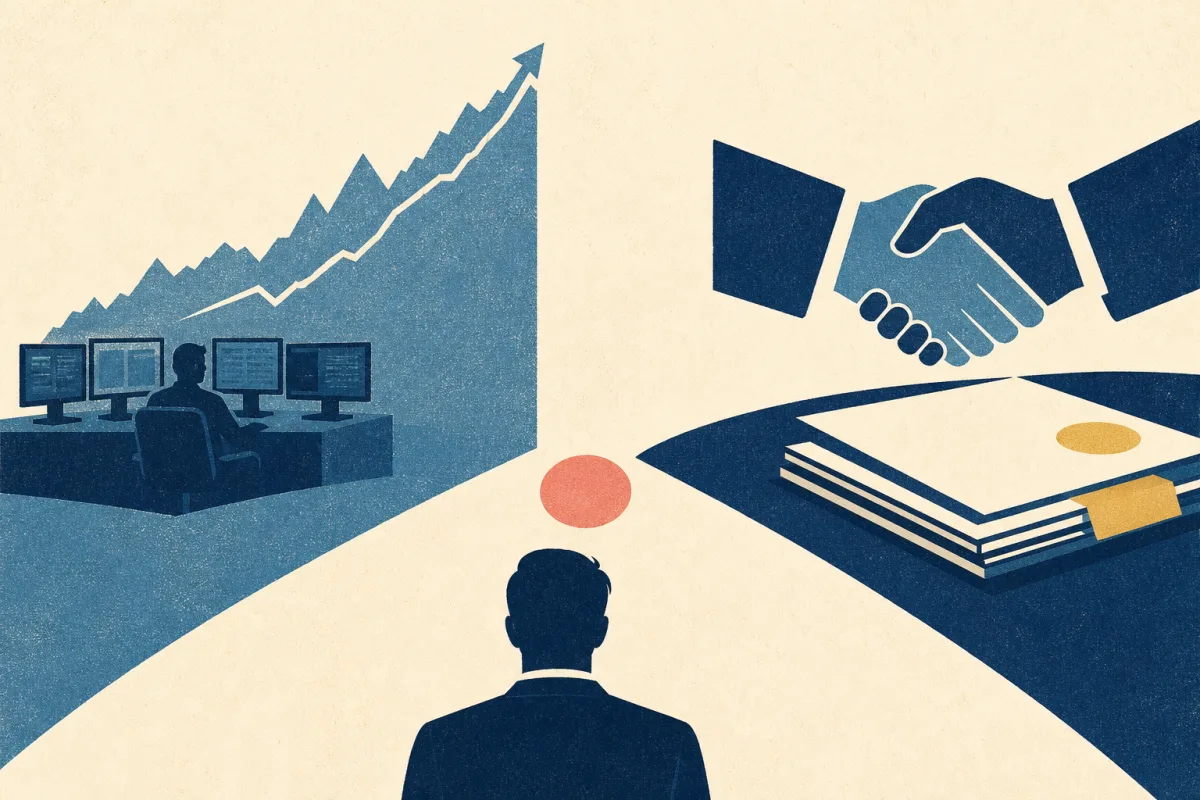 Risograph illustration of a trading desk silhouette with upward curve beside a deal handshake over stacked documents