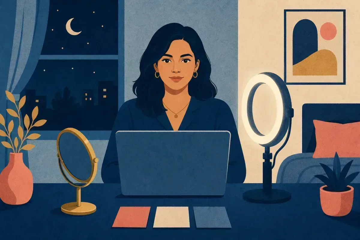 Risograph illustration of a HireVue setup with ring light, desk mirror, and candidate making eye contact with the webcam