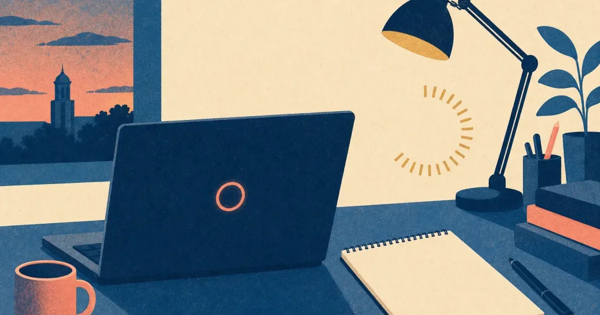 Risograph illustration of a laptop webcam, countdown ring, and blank notepad on a cream desk under a desk lamp