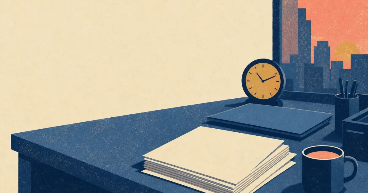 Risograph illustration of a summer analyst desk with blank pitch-book pages, a laptop silhouette, and a clock on a cream background