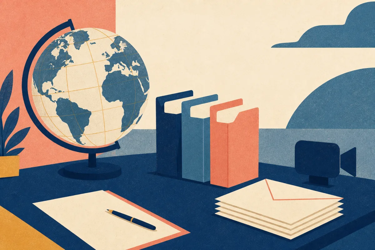 Risograph illustration of a globe beside stacked application envelopes and a video camera silhouette for HSBC summer internship applications