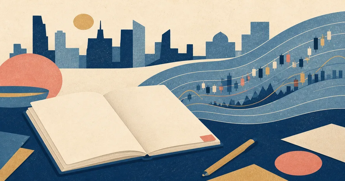 Risograph illustration of abstract market data streams beside a blank coding notebook and city skyline for Hudson River Trading internship prep