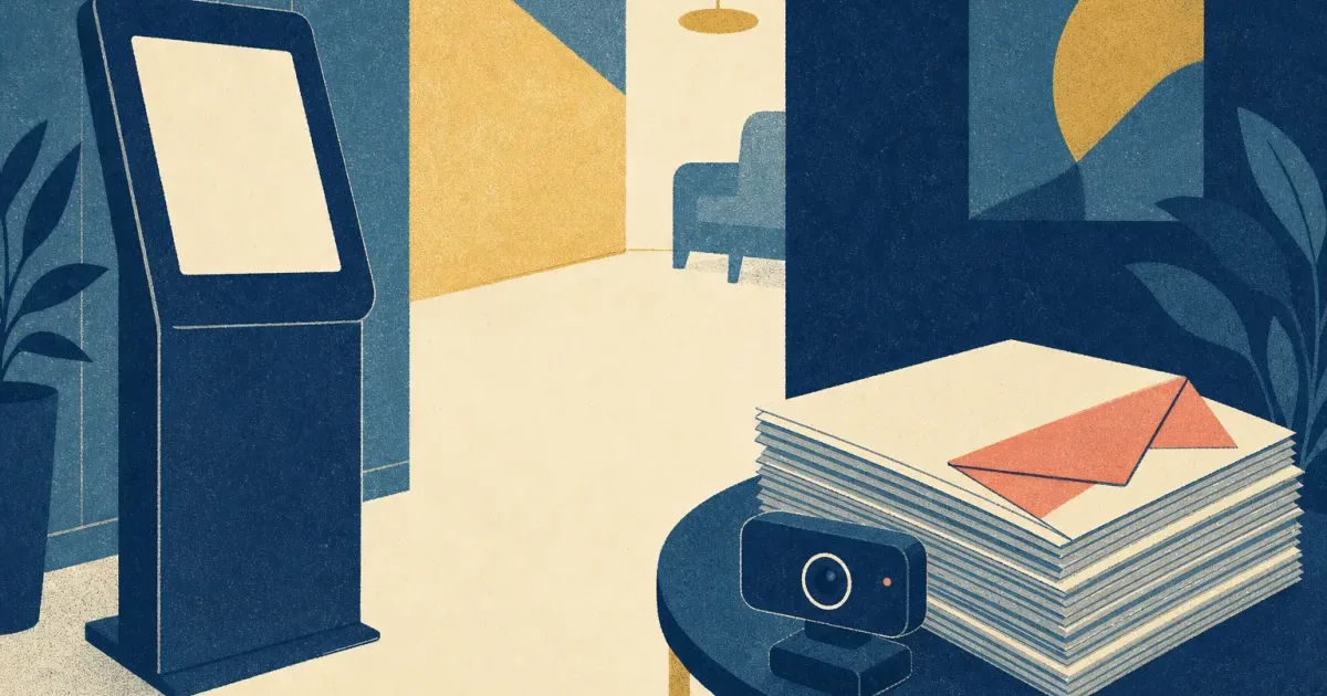 Risograph illustration of a digital banking kiosk beside application documents and a video interview silhouette for ICICI Bank internship prep