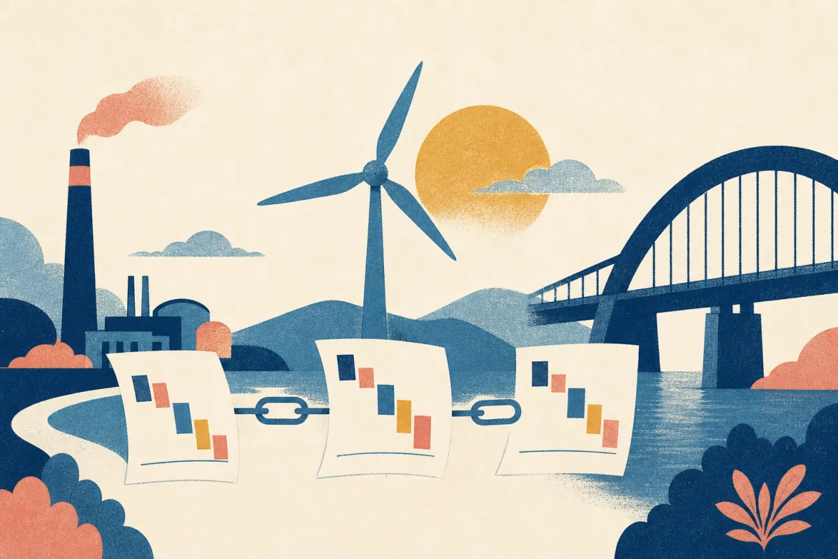 Risograph illustration of wind turbine and bridge silhouettes connected by financing document sheets on a cream background