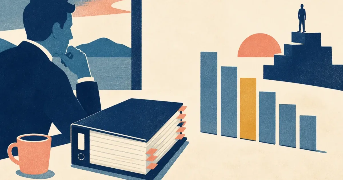 Risograph illustration of a research binder beside blank portfolio bars and a buy-side ladder on cream paper