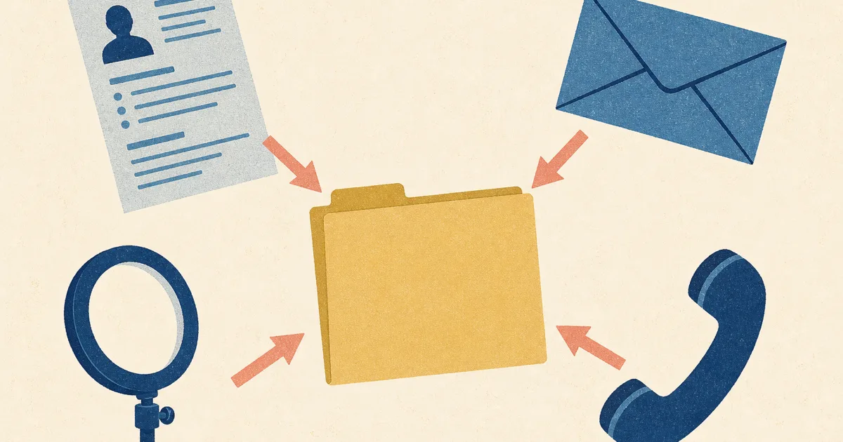 Risograph illustration of a CV sheet, cover letter envelope, webcam ring, and phone handset arranged around one application folder