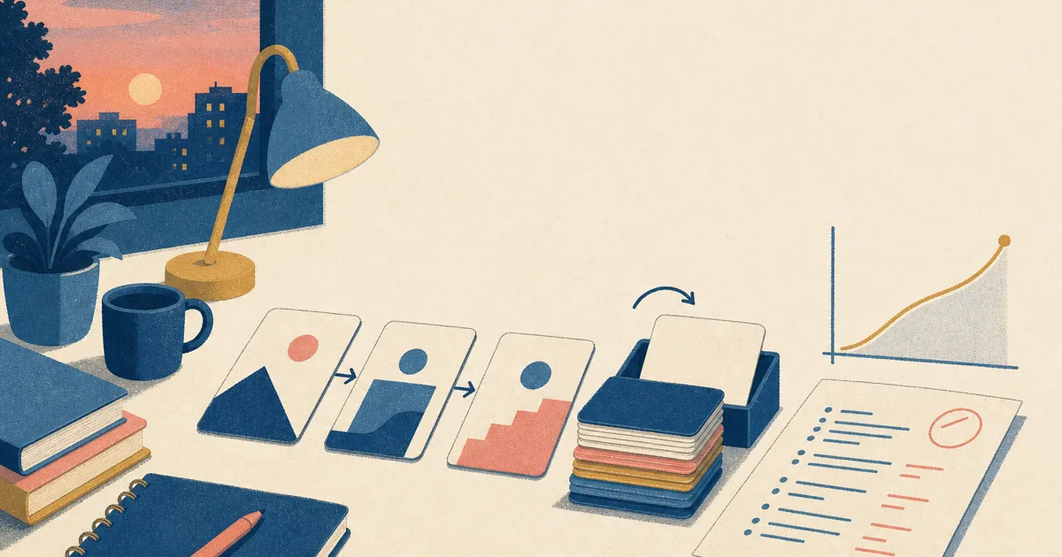 Risograph illustration of application stage cards feeding a reordering stack of study cards and a scored test sheet