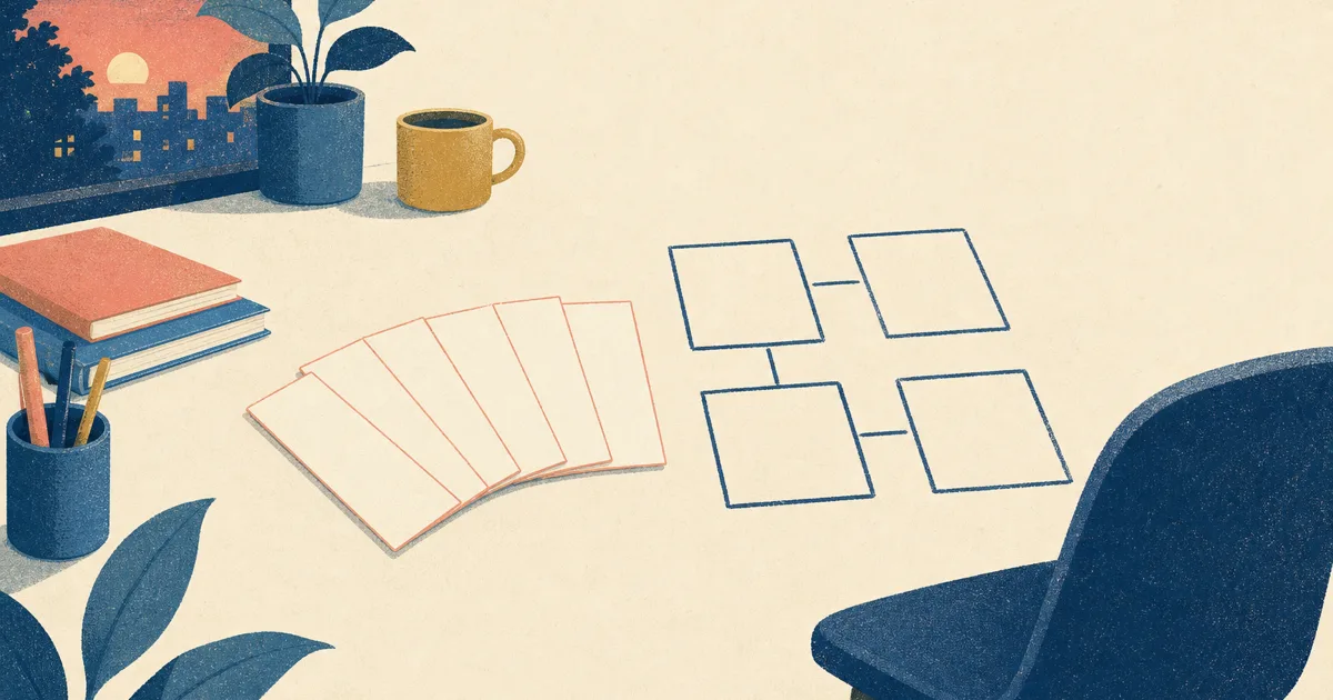 Risograph illustration of six blank story cards fanned beside a simple STAR skeleton sketch for investment banking behavioral questions prep
