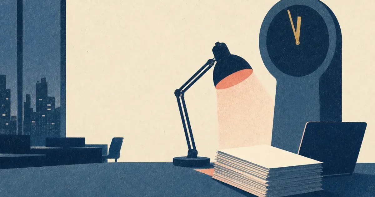 Risograph illustration of a tall office clock silhouette beside a blank pitch-book stack and a darkened desk lamp on cream paper