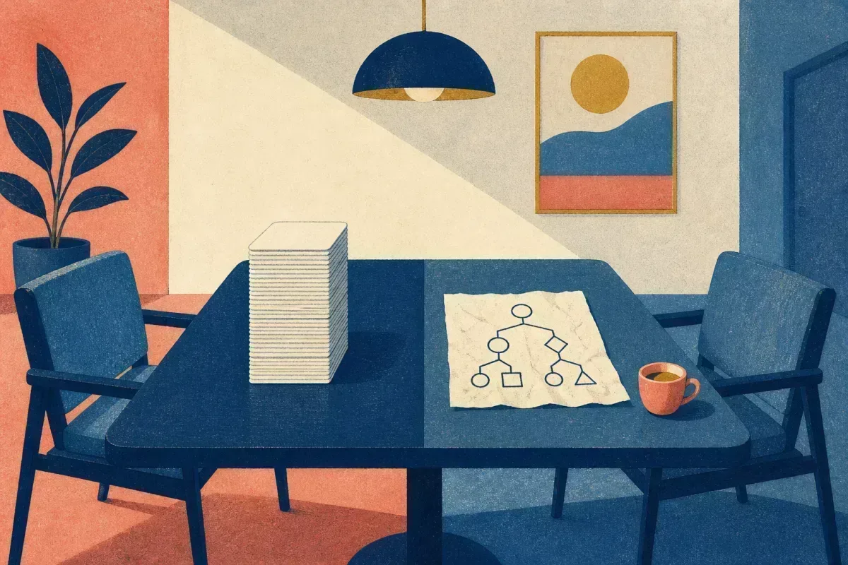 Risograph illustration of two interview chairs — memorised question stack versus hand-drawn logic tree on a napkin
