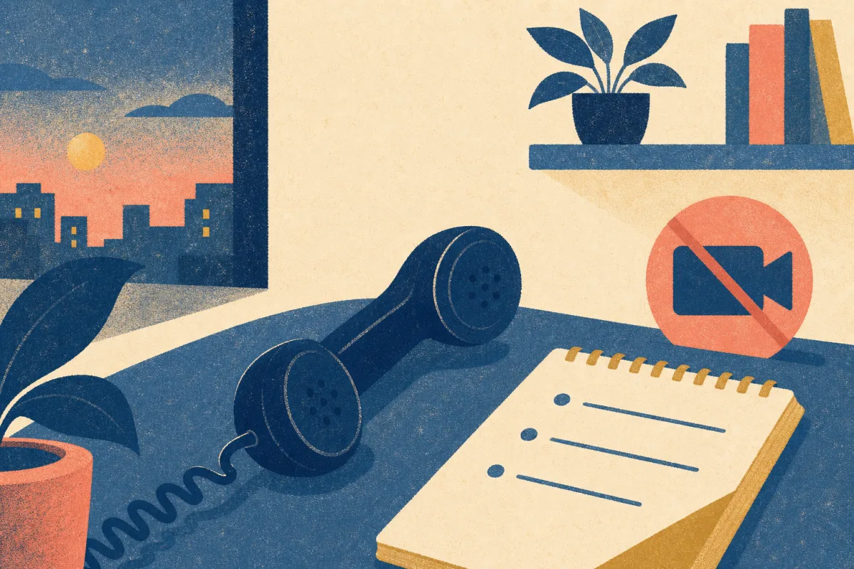 Risograph illustration of a handset beside a notepad with bullet points and a muted video camera silhouette