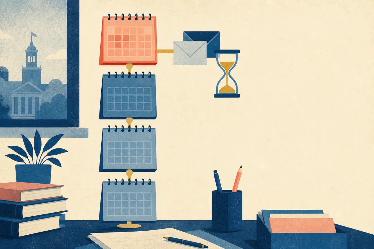 Risograph illustration of stacked calendar blocks with the earliest internship window highlighted in coral on a cream desk
