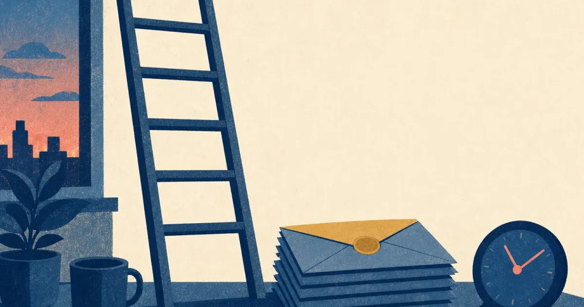 Risograph illustration of stacked pay envelopes beside a blank compensation ladder and clock silhouette on cream paper