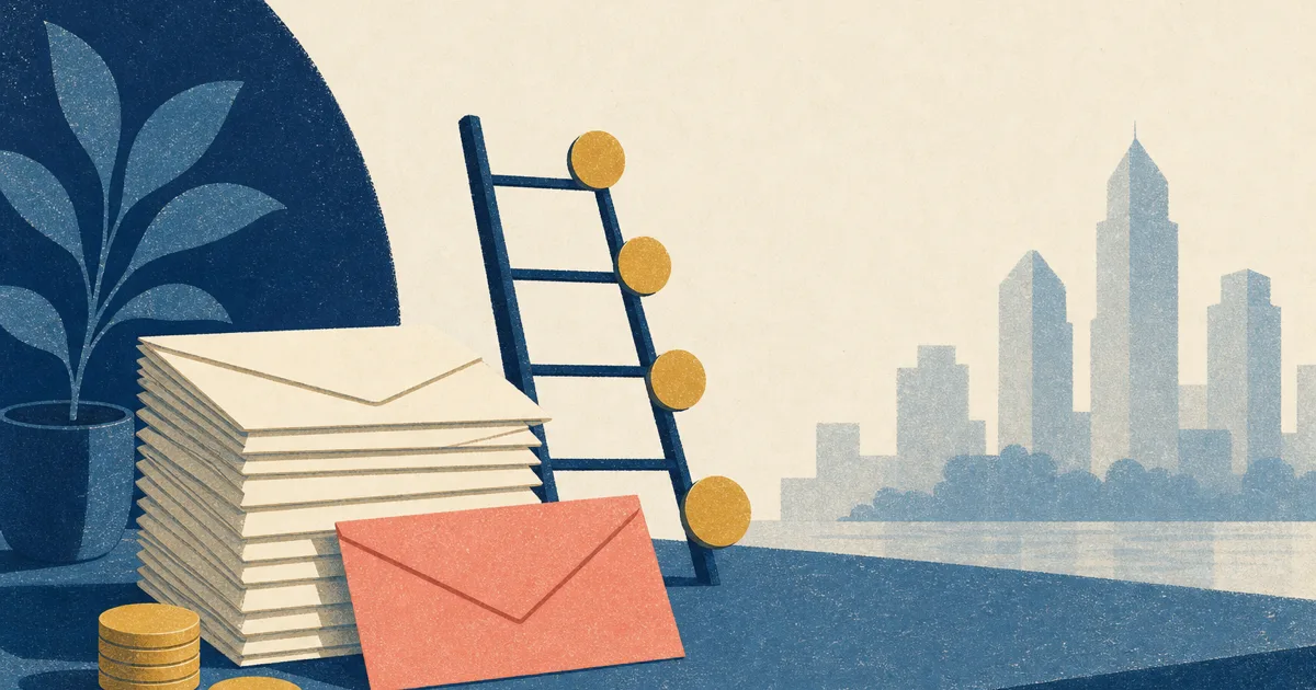 Risograph illustration of stacked pay envelopes beside abstract tower silhouettes and a compensation ladder on cream paper