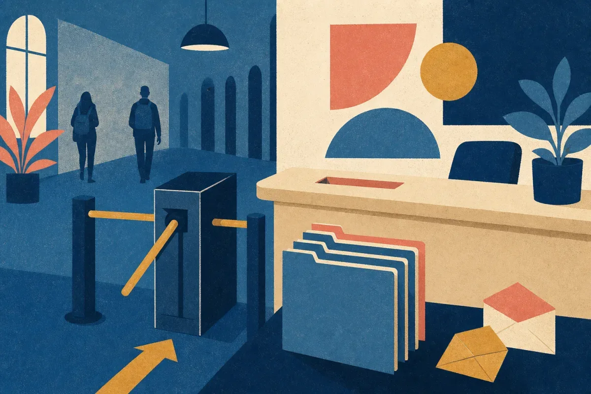 Risograph illustration of a routing turnstile with three blank division folders on a cream desk for JP Morgan summer internship applications