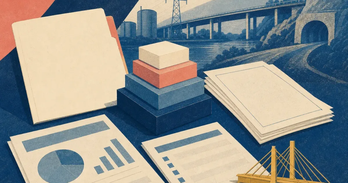 Risograph illustration of layered fund tranches beside a blank application folder and city skyline silhouette for KKR summer internship prep