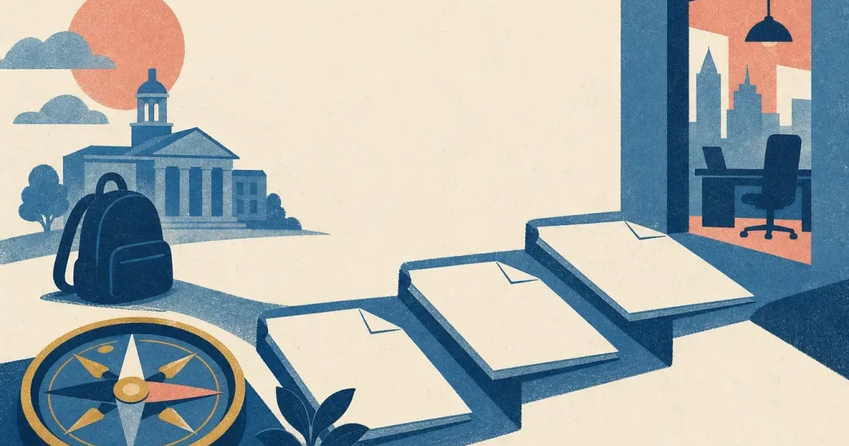 Risograph illustration of an early-career internship pathway beside an audit folder and advisory notepad for KPMG internship prep