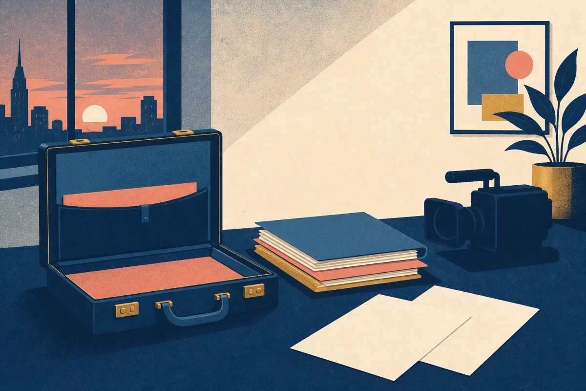 Risograph illustration of a single advisory briefcase beside stacked deal folders and a video camera silhouette for Lazard summer internship applications