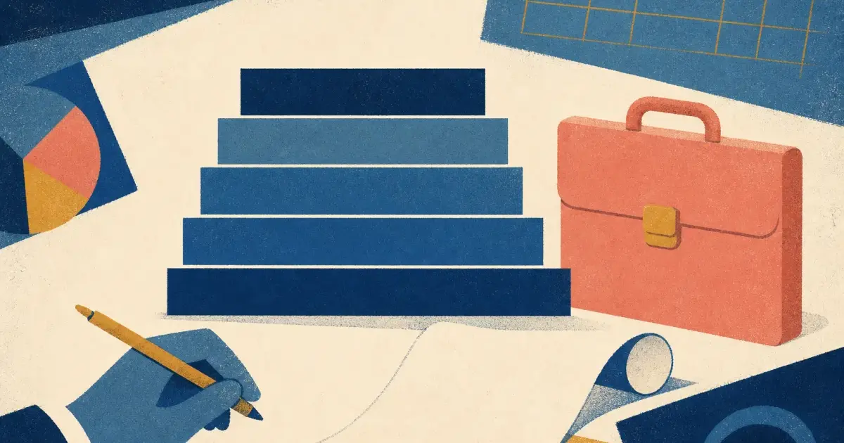 Risograph illustration of stacked debt layers beside a sponsor briefcase for leveraged finance career paths in investment banking