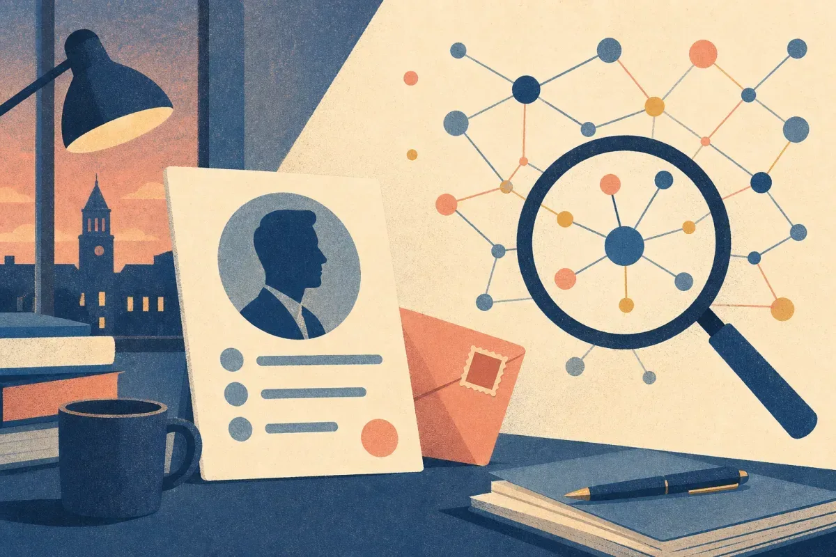 Risograph illustration of a simplified professional profile silhouette beside a magnifying glass over a network of connected nodes