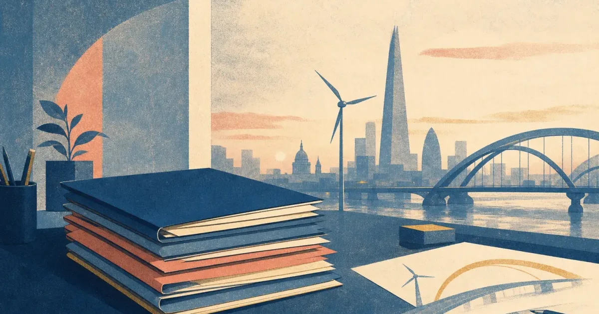 Risograph illustration of infrastructure bridge curves beside stacked application folders and a wind turbine silhouette for Macquarie summer internship prep