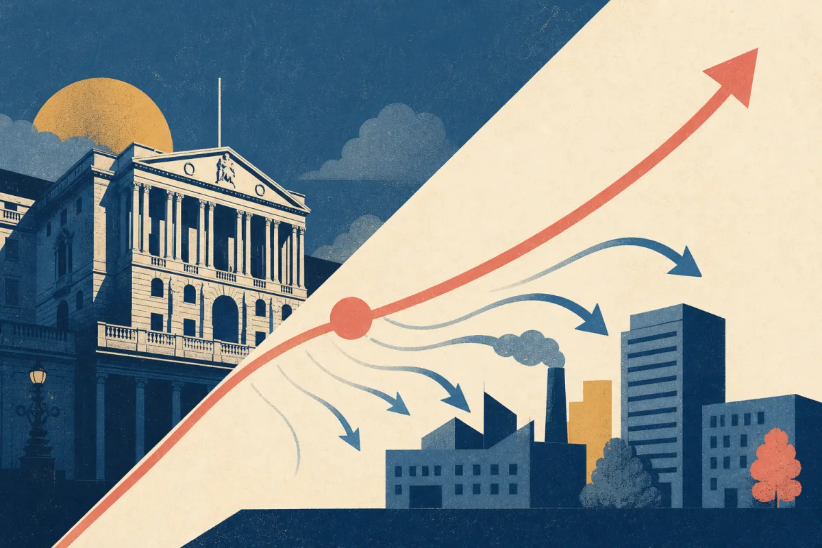 Risograph illustration of a yield curve arc beside a central bank building silhouette and ripple arrows toward factory and office icons