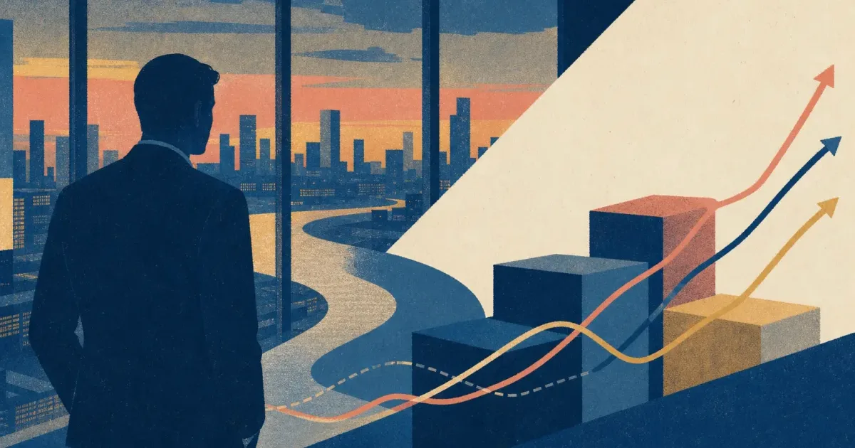 Risograph illustration of systematic trend lines beside stacked strategy blocks and a London skyline silhouette for Man Group internship prep