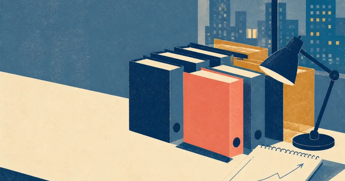 Risograph illustration of blank portfolio binders clustered like separate desks beside a notepad with an abstract market curve for Millennium Management internship prep