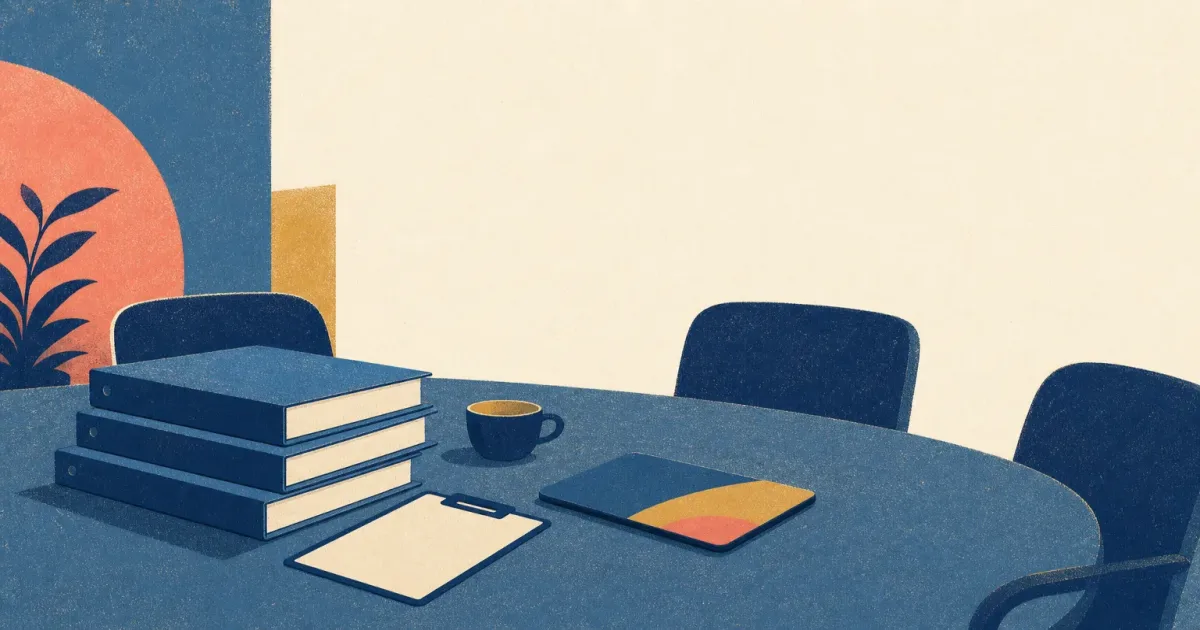 Risograph illustration of a lean deal-team table with stacked model binders and a single assessment silhouette for Moelis summer internship applications
