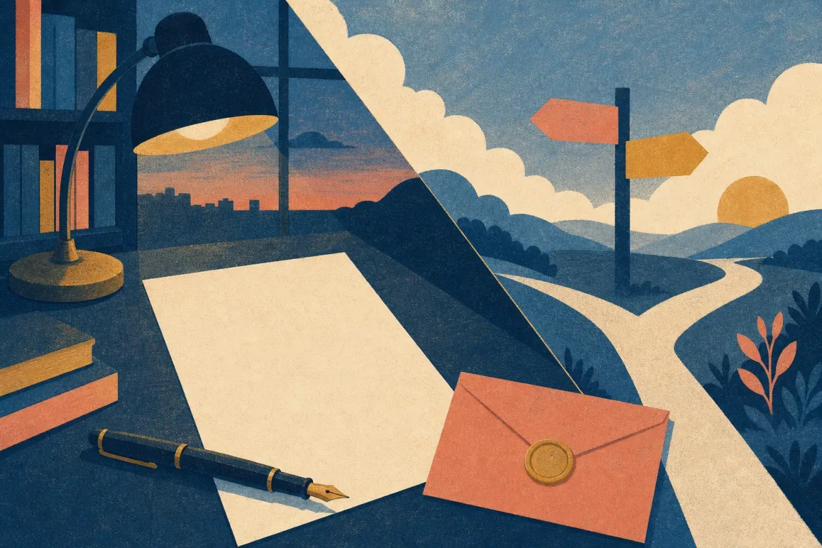 Risograph illustration of a blank motivation letter beside a divided path sign for Morgan Stanley application process stages