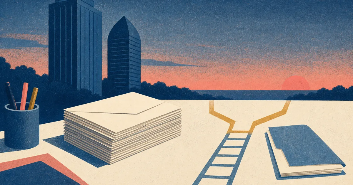 Risograph illustration of stacked pay envelopes beside blank tower silhouettes and a forked compensation path on cream paper
