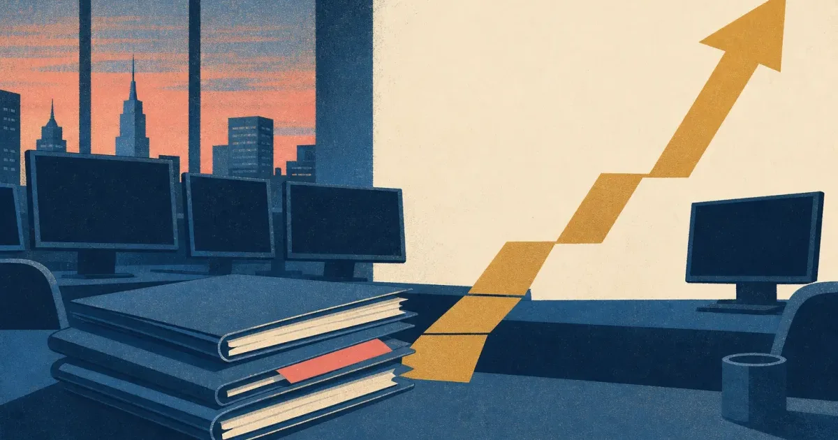 Risograph illustration of a trading-floor desk silhouette beside wealth planning folders and a growth-path arrow for Motilal Oswal internship prep
