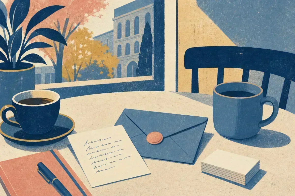 Risograph illustration of a short handwritten note beside a stamped envelope and two coffee cups on a quiet café table