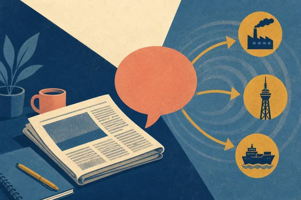 Risograph illustration of a speech bubble beside a folded newspaper with ripple arrows pointing to sector icons