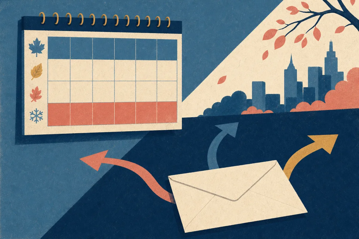 Risograph illustration of a calendar with autumn and winter blocks highlighted beside a blank envelope and routing arrows for off-cycle banking internships