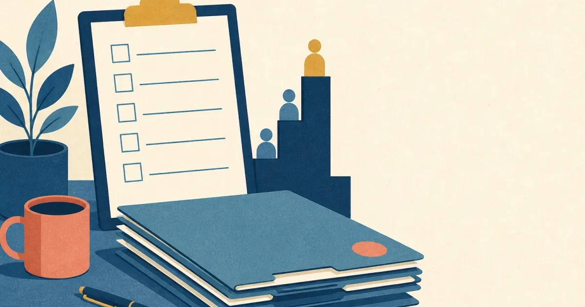 Risograph illustration of a process checklist clipboard beside stacked settlement folders and a blank ops ladder on cream paper