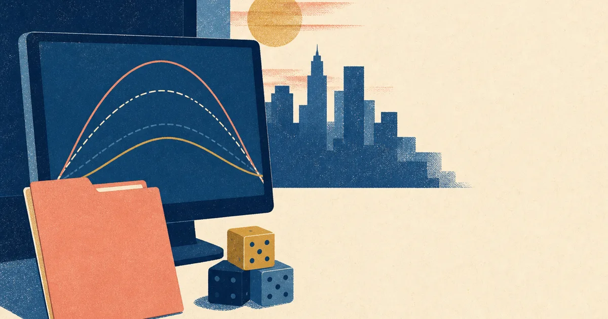 Risograph illustration of option curves beside a trading desk silhouette and blank application folder for Optiver internship prep