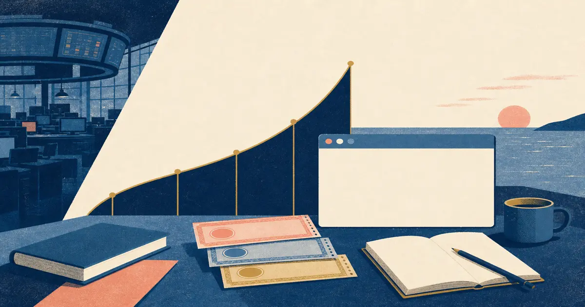 Risograph illustration of yield curve silhouettes beside a student careers portal and stacked bond coupon strips for PIMCO summer internship prep