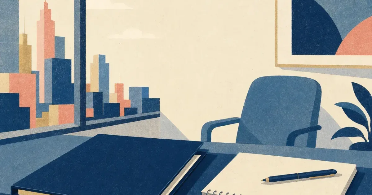 Risograph illustration of a growth-company deal folder beside a Midwest desk and campus interview chair for Piper Sandler internship prep