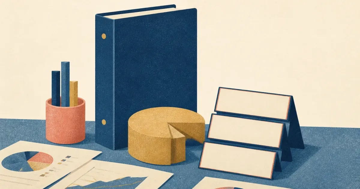 Risograph illustration of stacked pay envelopes beside an abstract portfolio ladder and blank AUM curve on cream paper