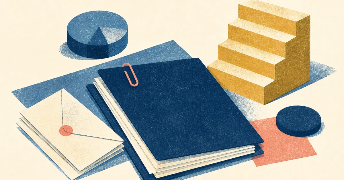 Risograph illustration of stacked pay envelopes beside a blank credit agreement and abstract fund ladder on cream paper