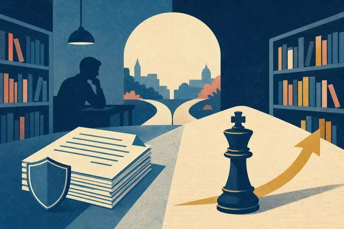 Risograph illustration of a loan document stack beside a chess king piece at a forked path — private credit vs private equity career choice
