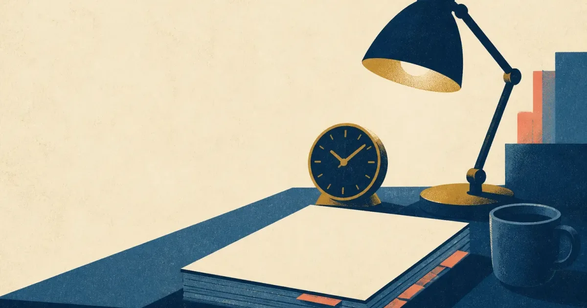 Risograph illustration of a quieter desk clock beside a deal folder stack and a darkened lamp on cream paper for private equity hours