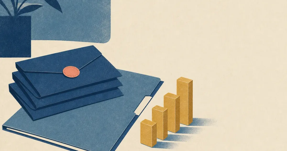 Risograph illustration of stacked pay envelopes beside a blank fund ladder and abstract deal folder on cream paper