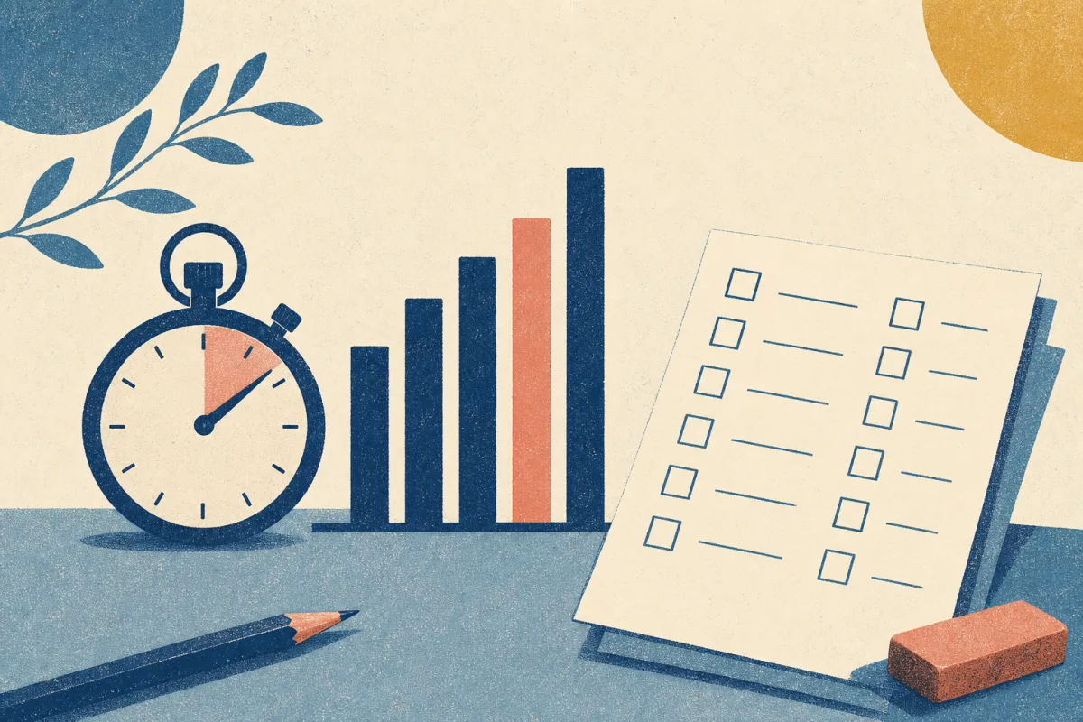 Risograph illustration of abstract chart bars beside a stopwatch and stacked answer sheets on a cream desk