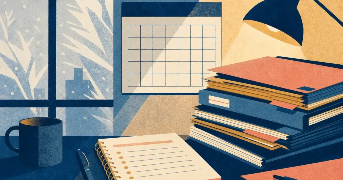 Risograph illustration of a winter busy-season calendar beside an audit binder and coaching notepad for PwC internship prep
