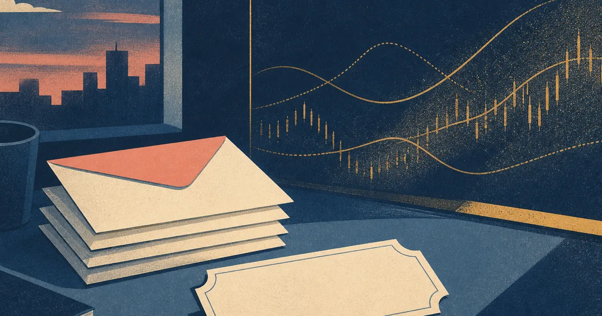 Risograph illustration of stacked pay envelopes beside abstract trading curves and a blank order ticket on cream paper